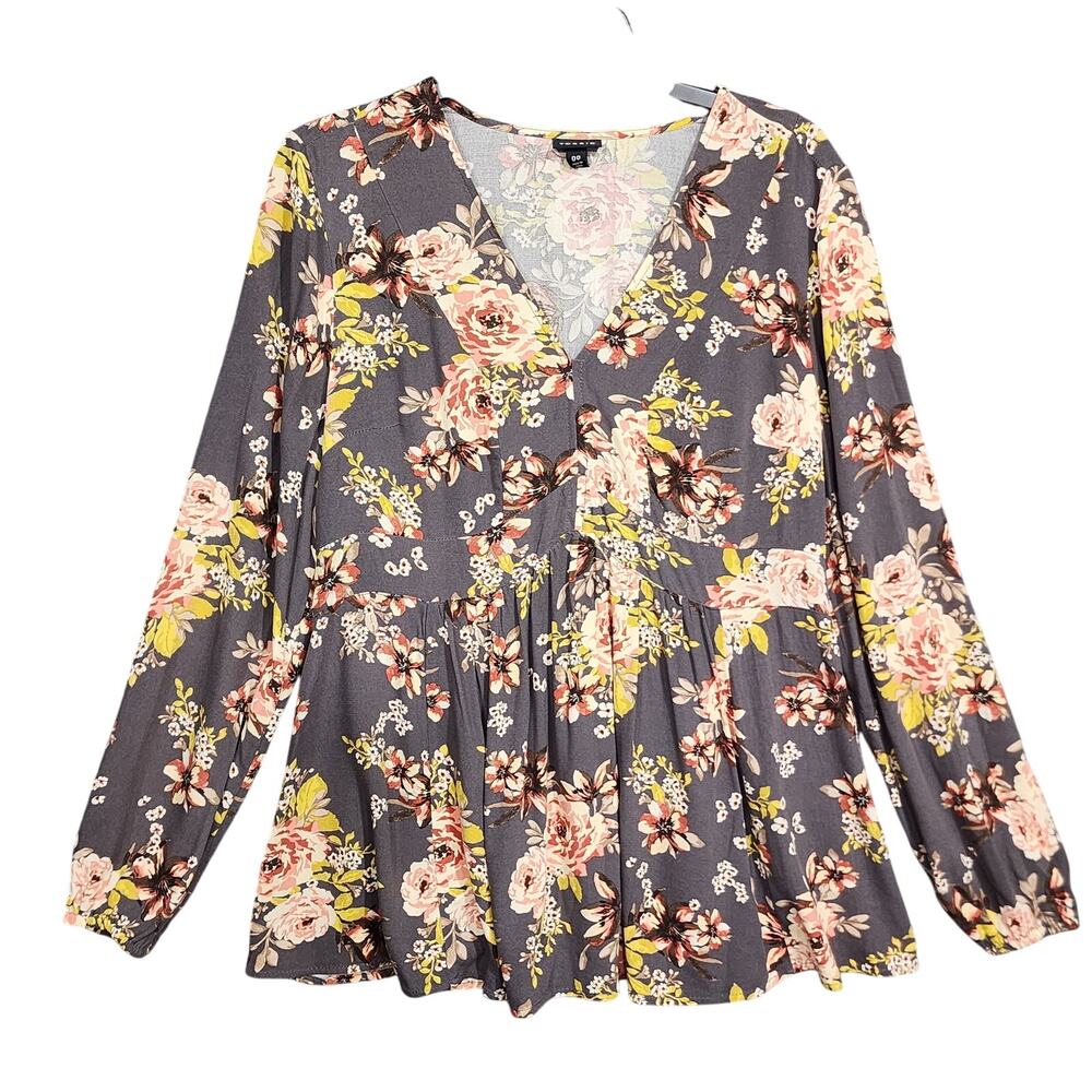 Torrid Babydoll Rayon Crepe Top Torrid Size 00 Floral Gray Peasant‎ Boho Artsy